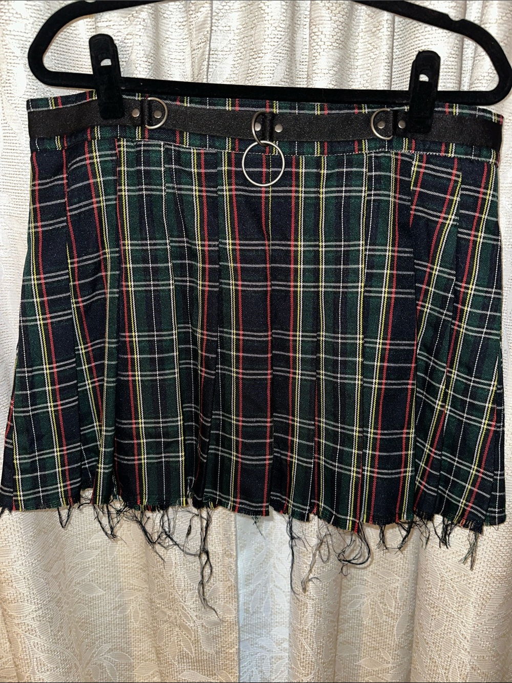 Current Mood Navy and Green Plaid Fringe Mini Skirt